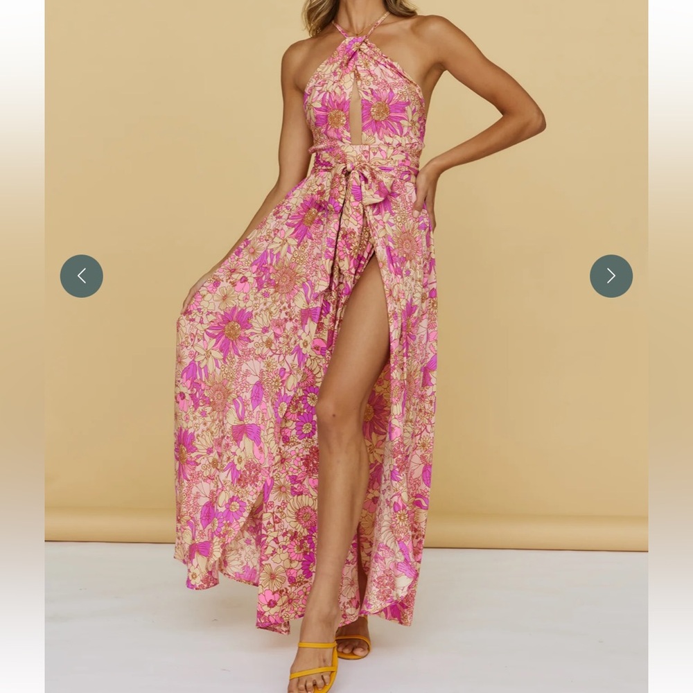 Angel Biba Pink Ruched Halter Maxi Dress size medium